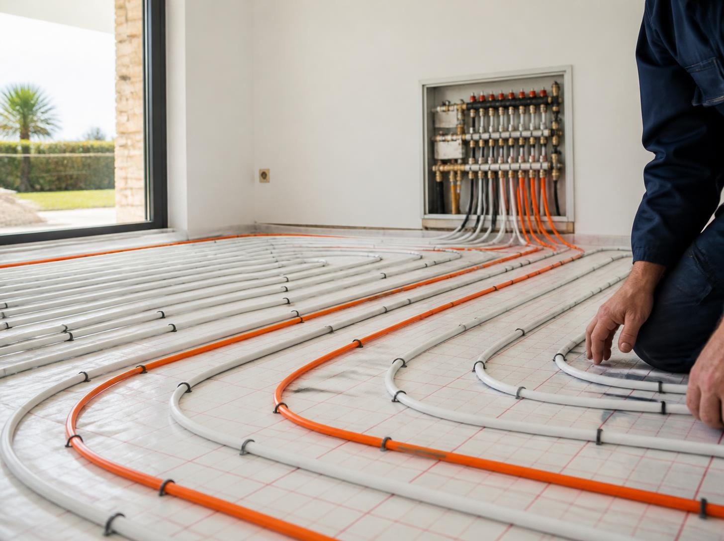 Instalación de suelo radiante con circuitos de tubería en una vivienda