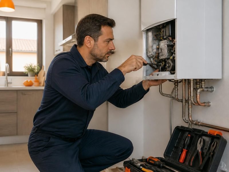 Técnico reparando una caldera de gas en una vivienda